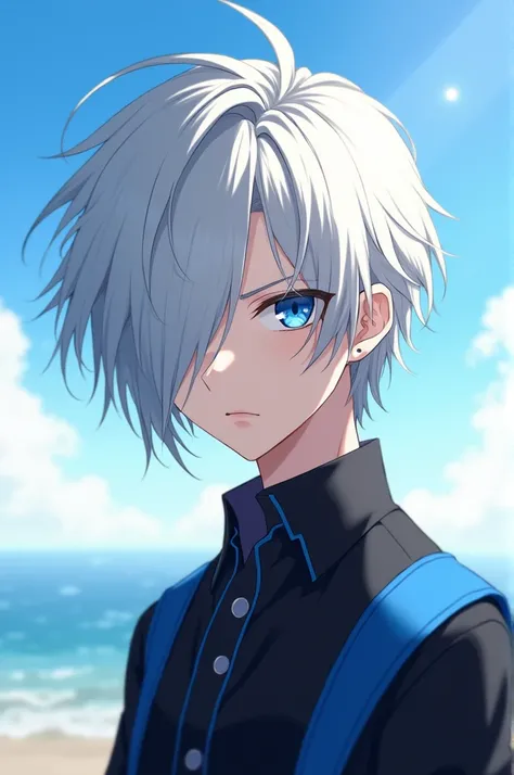 Anime style boy , Completely white-gray hair, blue eyes,1, 92 m in proportional height ,Your hair covers one of his eyes ,  Black shirt with blue details,  landscape white-blue background ,  recalls the daylight sky ,