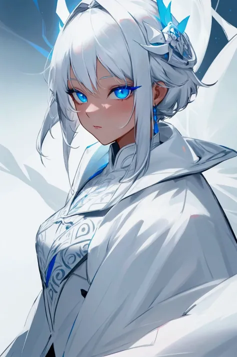 white hair, blue eyes