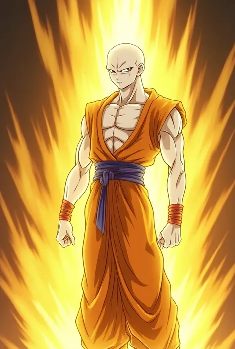  Make a character from the Manji Race from Dragon Ball Z, so that he has a white skin color , golden aura,  and an outfit similar to that of the God of Destruction , I want an anime cartoon in the same way 