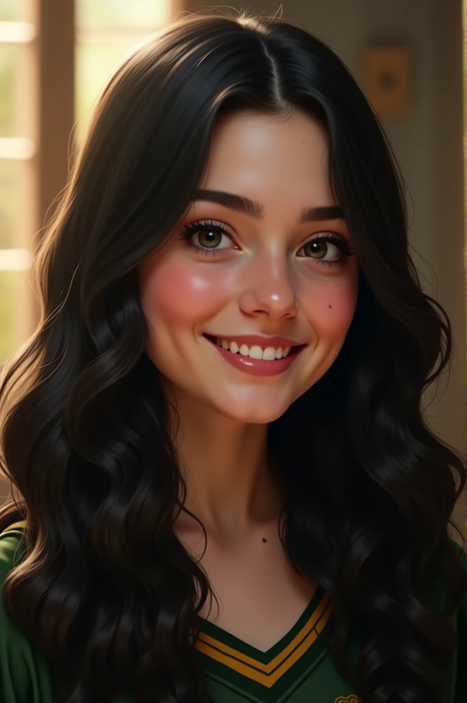 Girl in the Hufflepuff ,  has black hair wavy at the tips ,  uniform with a beautiful smile showing her teeth ,  a small mole near her lips on the upper right side and a mole on the left cheekbone