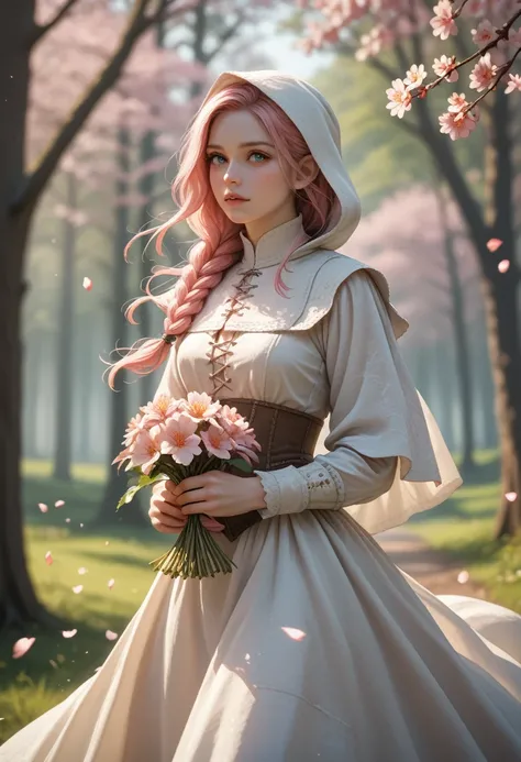 score_9, score_8_up, score_7_up, (masterpiece, UHD, 8K, 16K, ultra detailed), wallpaper, sfw, upperbody shot, 1girl, elf, pink eyes, two side braided hair, pink hair, holding a pink flower, white dress with hood, intricate details, (murmuring flower petals...