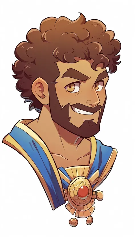 Greek clothes, male, man, brown slightly curly hair, beard, yellow-brown eyes, smile, solo, detail, tachi-e, white background, 