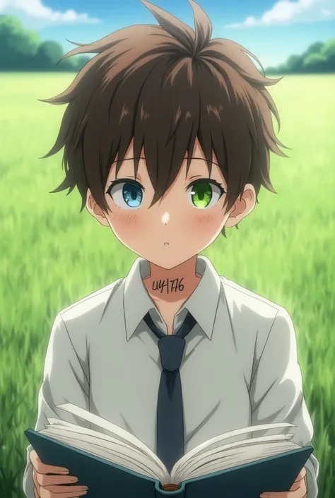  boy 
Right eye color green
Left eye color blue 
The Promised of Neverland anime style 
white uniform without tie 
tattoo on the neck with the numbers 49176
wavy and brown hair 
Satoru Gojos hairstyle
Reading a book in the grass 
