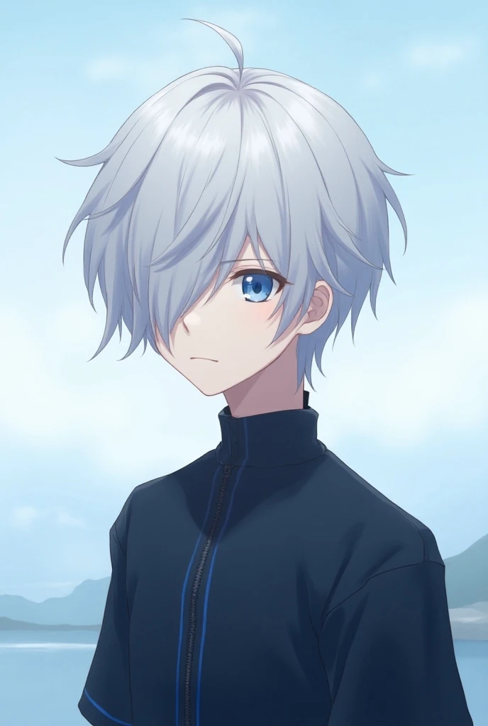 Anime style boy ,  totally white-gray hair, blue eyes,1, 92 m in proportional height ,Your hair covers one of his eyes ,  Black shirt with blue details,  landscape white-blue background ,  recalls the daylight sky ,  your eye shines slightly, normal expres...