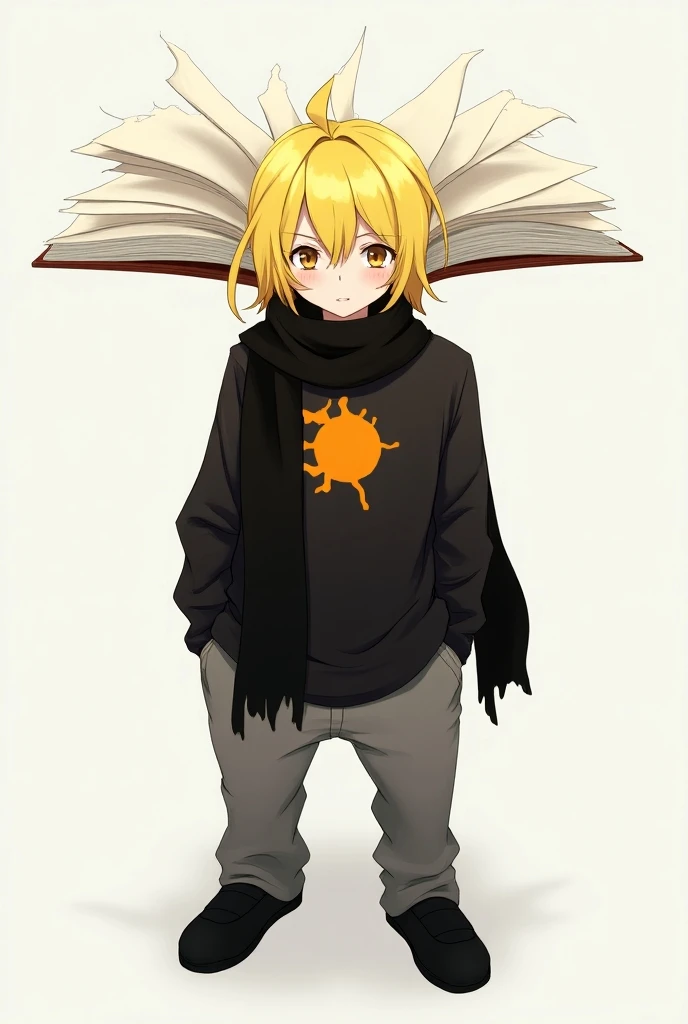 Male anime character with black scarf black shirt with a sun in the middle of the shirt orange with yellow yellow hair a book opened in half and the pages that touch the hair on the head broken gray pants black shoes character with his hands in his pockets...