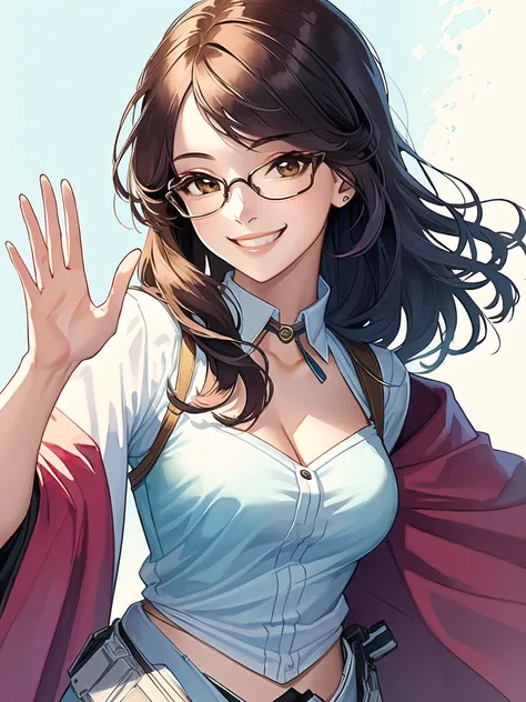 masterpiece, best quality, female, Intelligent, grinning, waving at the camera, semi long, glasses, concept art, hard-edged，Watercolor，cartoon