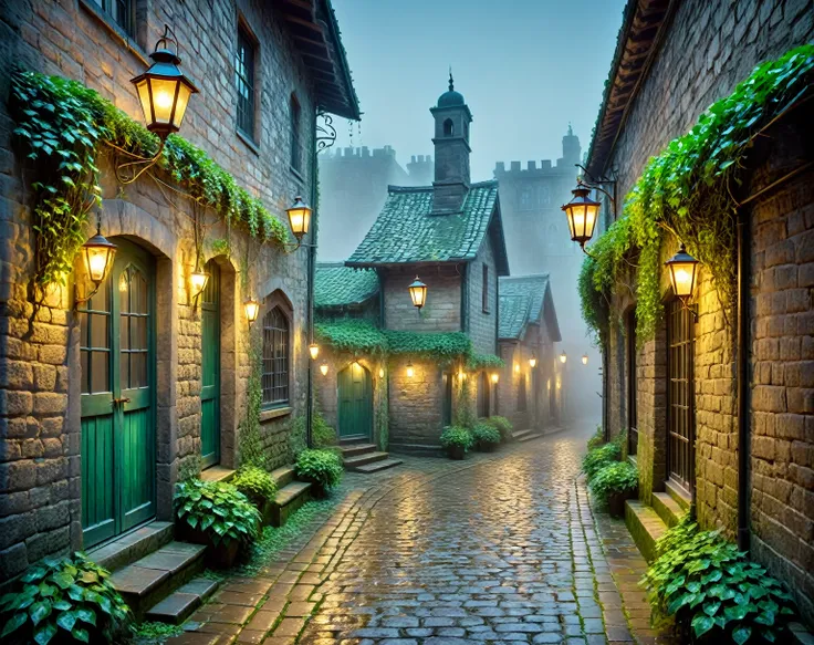 a mystical narrow alleyway, dimly lit with a soft, otherworldly glow. the alley is lined with ancient cobblestone, damp from a r...