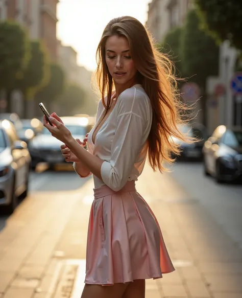 Gaia, Full-body street fashion editorial. Sony A1 with 24-70mm f/2.8 GM lens. 175cm tall model with exceptionally long chestnut hair flowing past waist. Wearing pastel pink A-line mini skirt, white silk shirt with subtle texture. Metallic silver stilettos....