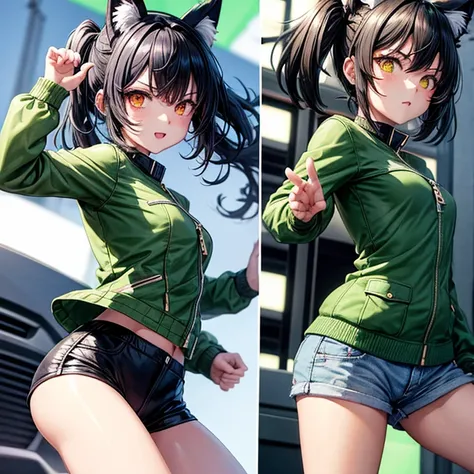  Fighting Pose　 cat ear headband　green flight jacket 　Black Hair　skinny twin tail hot pants　Red Eye