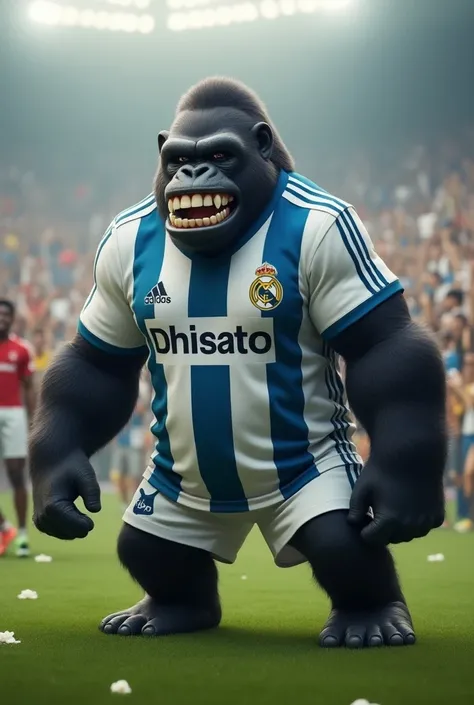 A gorilla Dakham wears Real Madrids shirt on the field among the fans and laughs