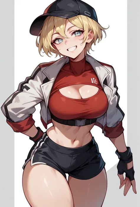 Woman, blue eyes, smiling, blonde hair, short hair, black cap, Red colored runner clothes,silver eyes,Sexy, curvy body 