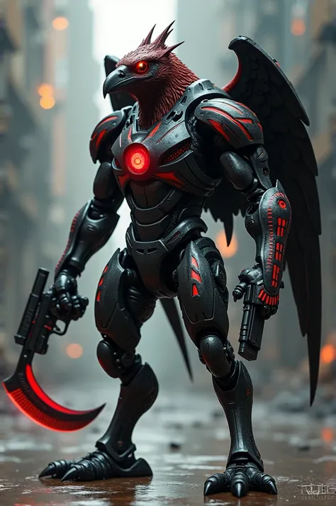 Vulture fusion with a war fighter with horizontal black and red details with a scythe and a pistol with iron man 