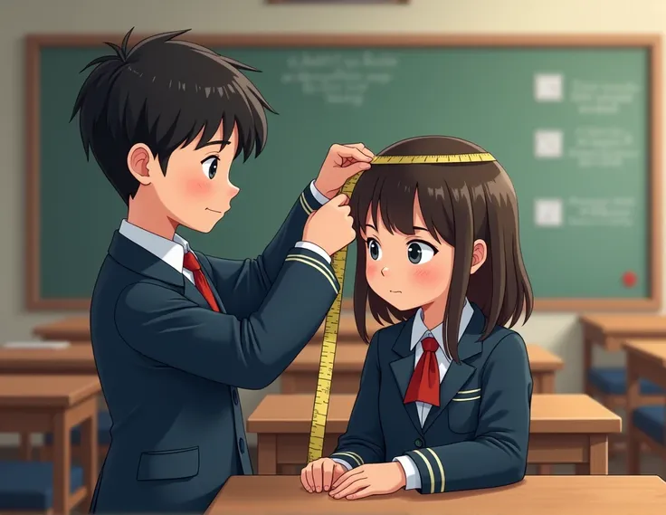 A STUDENT IN UNIFORM MUST MEASURE THE HEAD OF ANOTHER STUDENT WITH A MEASURING TAPE 