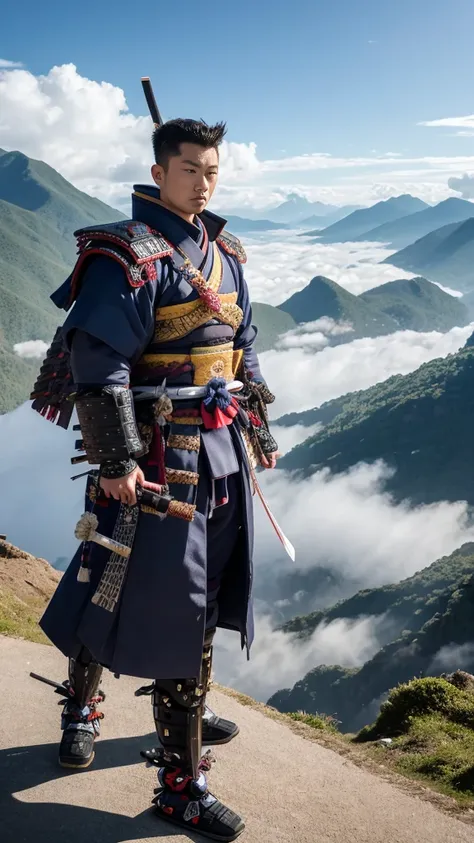 With high definition images,  wide shot, Sea of clouds in the background, CyberRonin, ( cyber samurai:1.2)A samurai stands in a village at the foot of a mountain