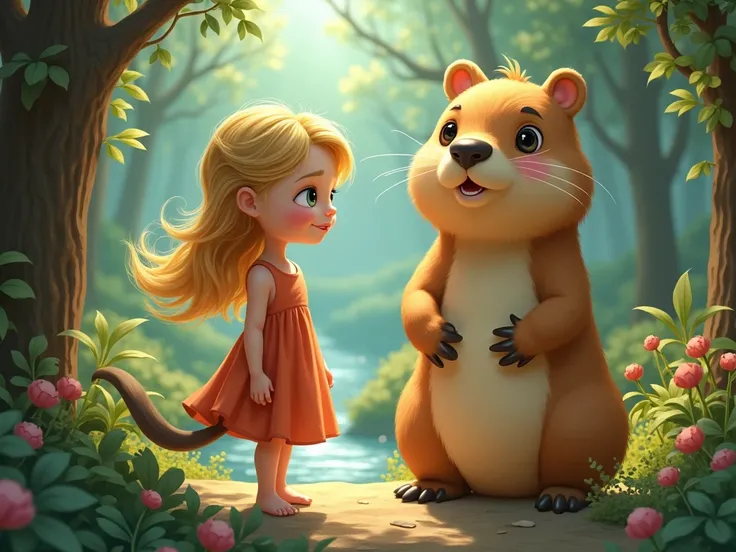 A blond girl next to a magical capybara 