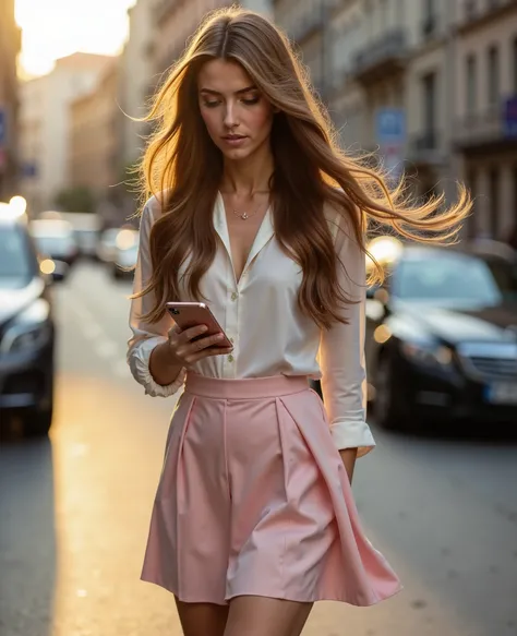 Gaia, Full-body street fashion editorial. Sony A1 with 24-70mm f/2.8 GM lens. 175cm tall model with exceptionally long chestnut hair flowing past waist. Wearing pastel pink A-line mini skirt, white silk shirt with subtle texture. Metallic silver stilettos....
