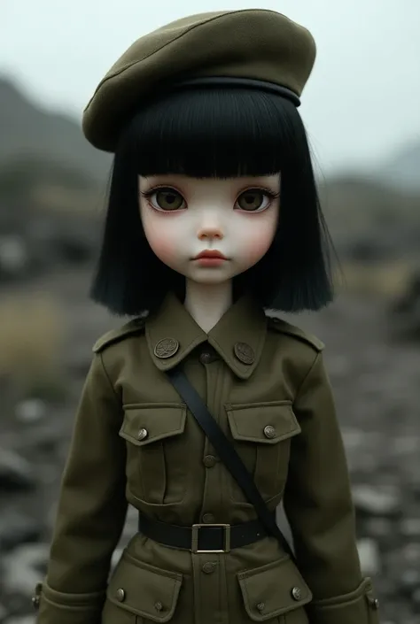 doll,army clothes, black and straight hair, with beret