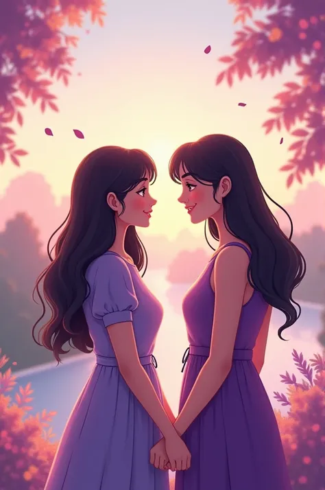 Two women friends at a distance color purple and bts
