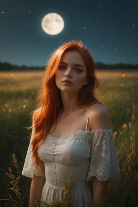 Redhead girl watching the moon outside in a beautiful field at night 