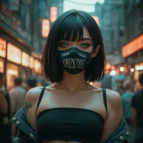  Sexy girl with grunge style black hair and bangs,  green eyes, Wearing a mask at a luxury party