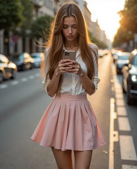 Gaia, Full-body street fashion editorial. Sony A1 with 24-70mm f/2.8 GM lens. 175cm tall model with exceptionally long chestnut hair flowing past waist. Wearing pastel pink A-line mini skirt, white silk shirt with subtle texture. Metallic silver stilettos....