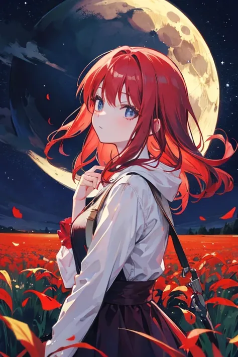 Redhead girl watching the moon outside in a beautiful field at night 