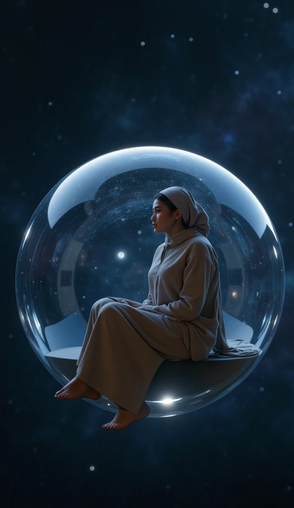 a photorealistic women in full clothing sitting in calm position is in floating buble in space . realistic , higly detailed , high qaulity , super resolution .