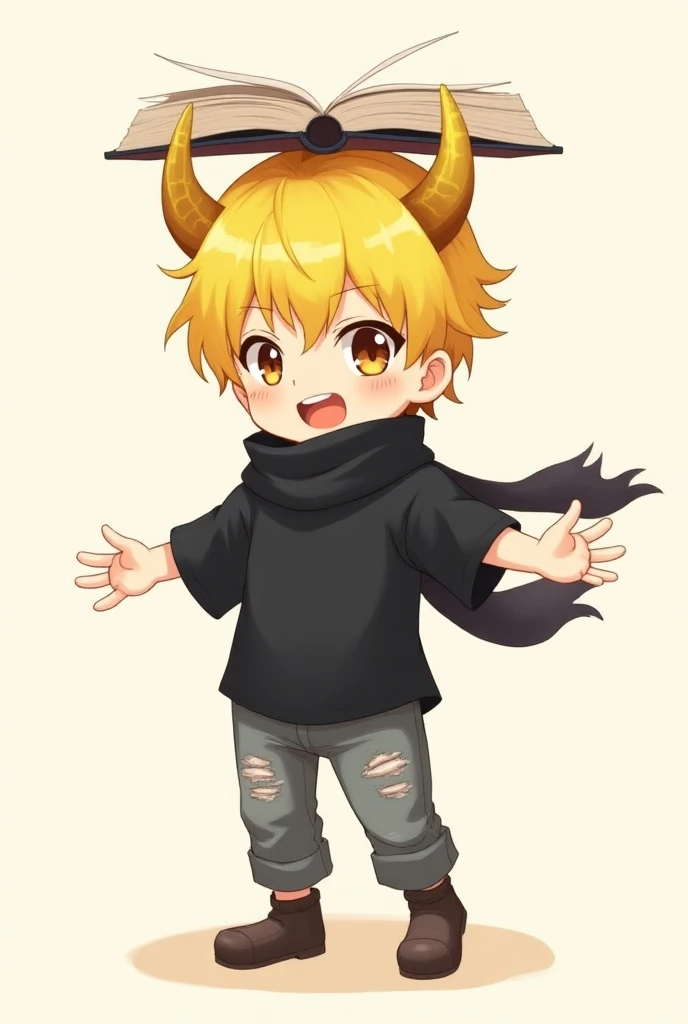 Male anime character smile black shirt with an orange sun torn gray pants yellow hair golden horns book opened in half on the head black scarf