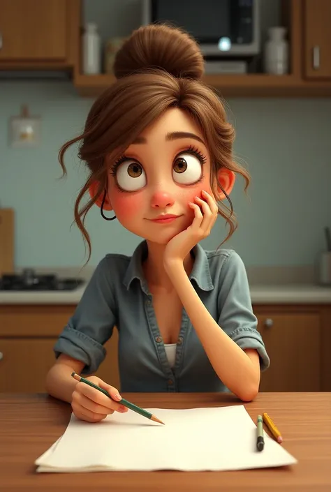  A funny woman with big eyes with a questioning look is sitting at a table in the kitchen,  in front of her on the table is a piece of paper , a pencil in her hand 