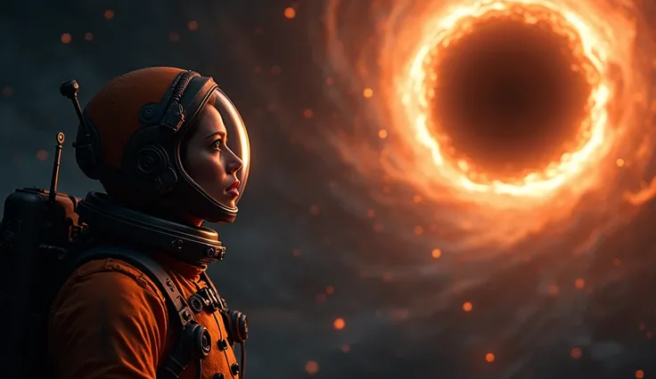 A highly detailed astronaut in an orange spacesuit, floating in the vast darkness of space, a massive black hole looming ominously in the background, the astronauts face filled with fear and awe, (best quality,4k,8k,highres,masterpiece:1.2),ultra-detailed,...