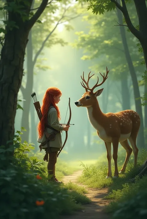 a girl with long red hair and a bow and arrow in her hands talks to a white red deer in the background of nature 