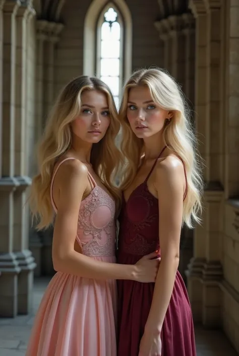 2 blonde women with blue eyes, one wearing a pink outfit and the other a burgundy one, they are standing in an old-looking castle