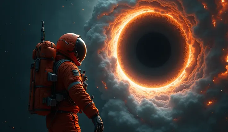 A highly detailed astronaut in an orange spacesuit, floating in the vast darkness of space, a massive black hole looming ominously in the background, the astronauts face filled with fear and awe, (best quality,4k,8k,highres,masterpiece:1.2),ultra-detailed,...