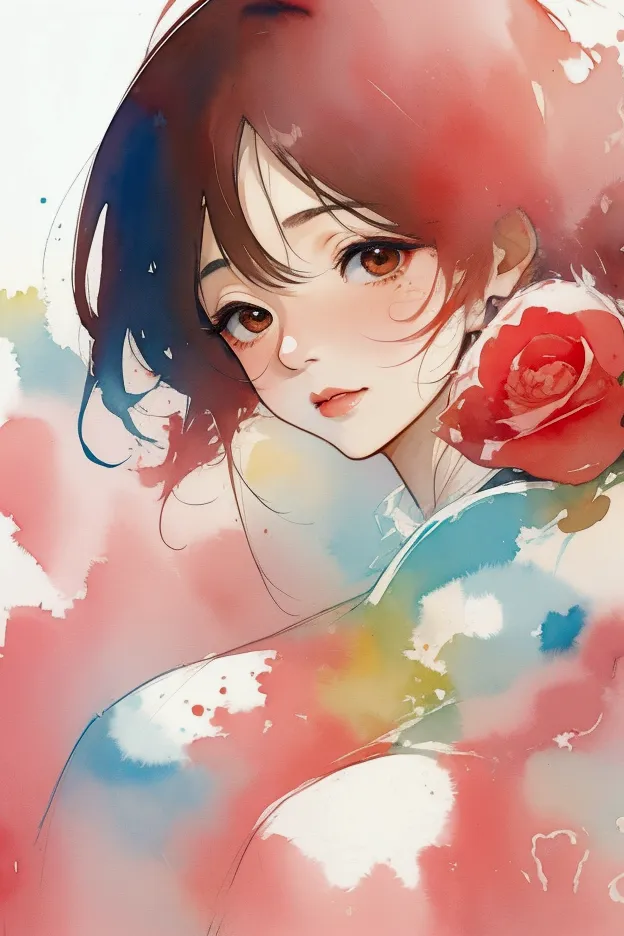 ((watercolor)), ((illustration)),a close-up, abstract watercolor illustration of ayano fujisaki, a 48-year-old japanese idol, em...