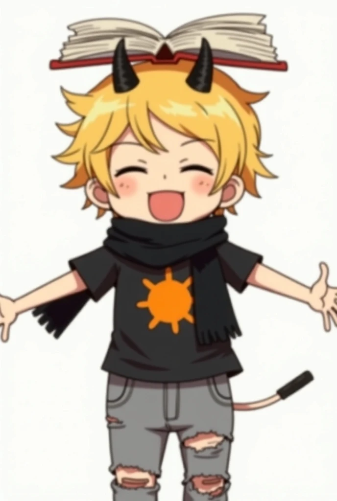 Smiling male anime character Ceria 
 black shirt with an orange sun torn gray pants yellow hair golden horns book opened in half on the head black scarf