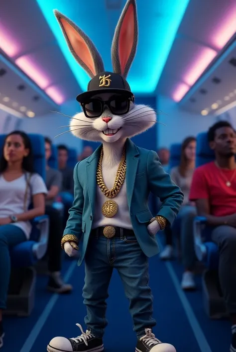 Bugs Bunny adult rapper on plane with blue and purple