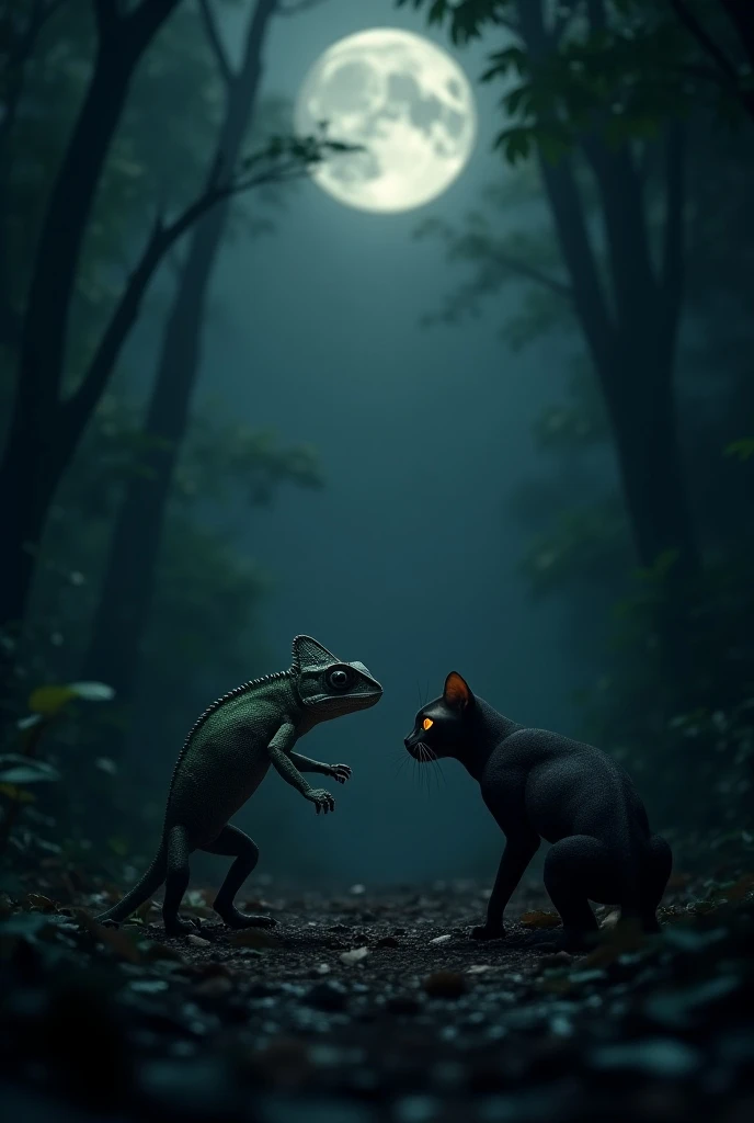 Create a chameleon and cat about to face off against a background of night in the jungle with diabolical style and realistic graphics 