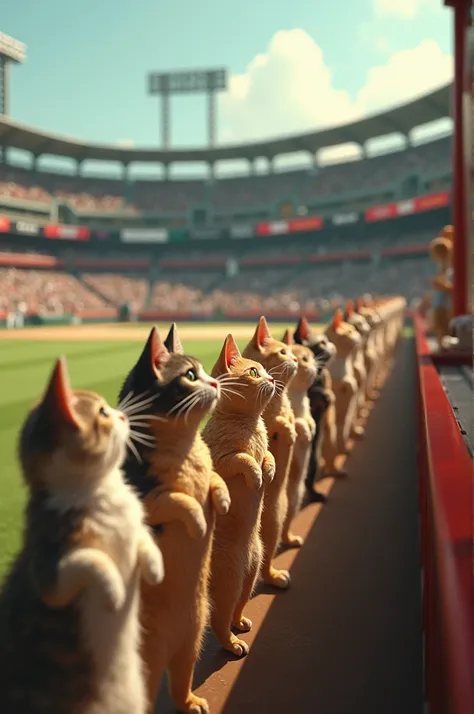 Cats queuing up to eat arepas at a baseball stadium 