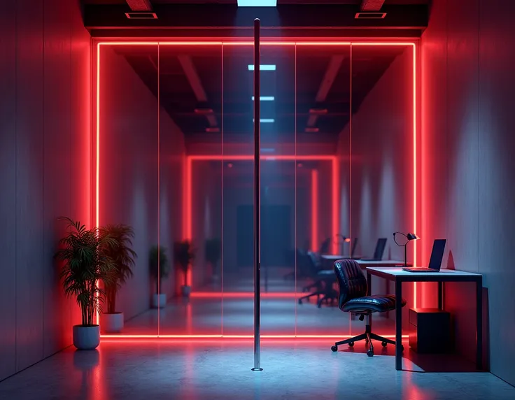 a dance room, with mirrors, a stripper pole. without people. with a table and a laptop to play music and leon light and a mirrored wall