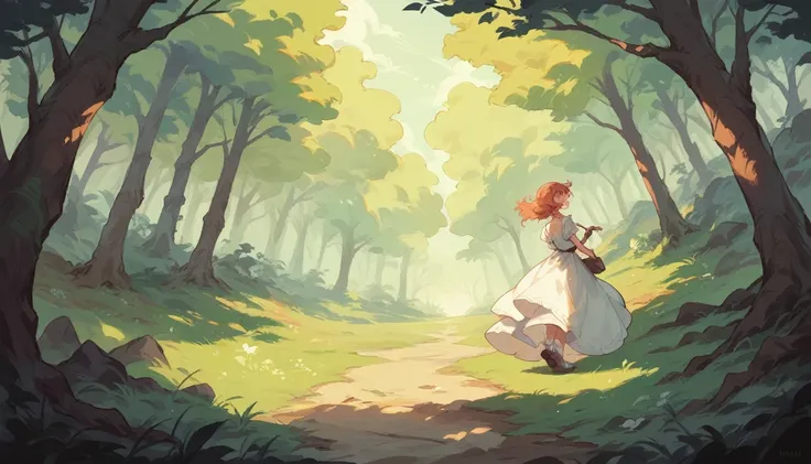  girl in white dress, exploring the magical forest, excitement in her eyes