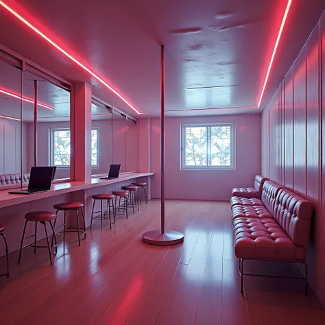 a dance room, with mirrors, a stripper pole. without people. with a table and a laptop to play music and leon light and a mirrored wall