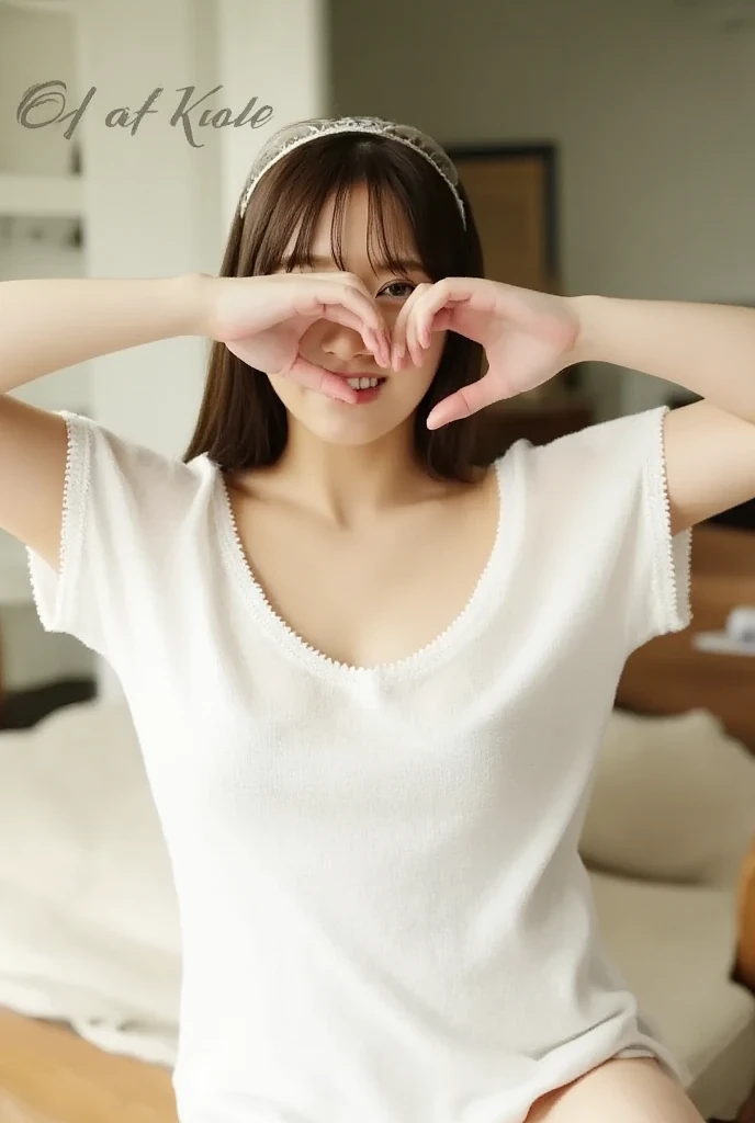 Only one woman with a cute smile wears cute, fluffy off-shoulder pajamas, makes a big heart shape with both hands, and poses them in front of her chest, View above collarbone、The background is a monotone 

