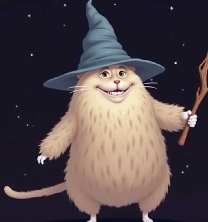 Create a wizard cat but with a much funnier face ,  the face should look like a person with Down syndrome 