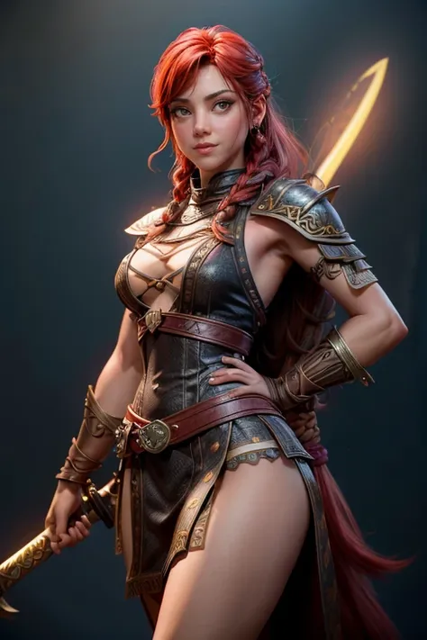  Young Viking woman , warrior,  long red hair tied in a single braid ,  amazonian body ,  generous hips , curvilinear, armed with sword ,  wears leather armor with leather linings and Celtic and Nordic knots, fur skirt, highest quality,  masterpiece , supe...