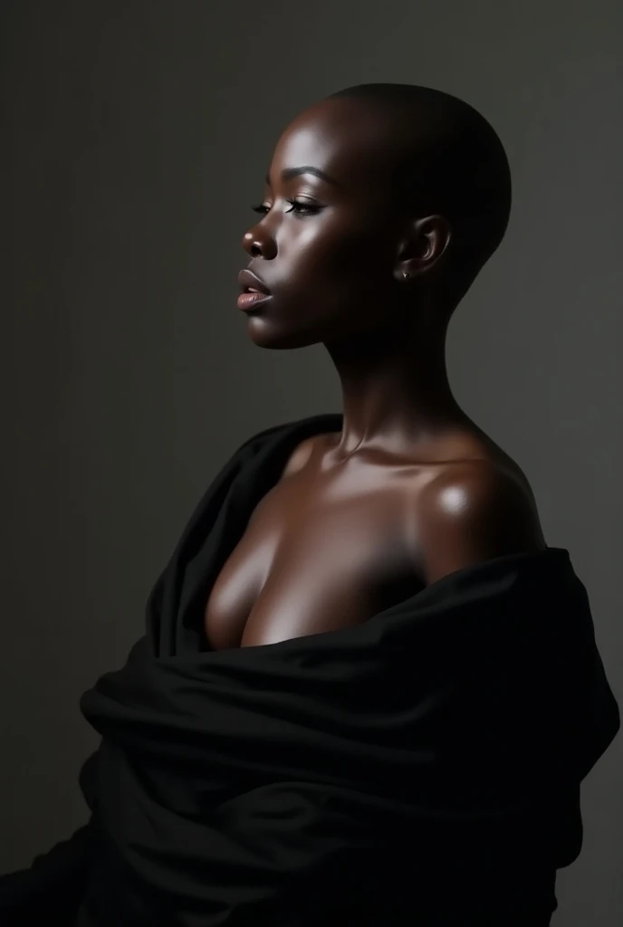 A bald black woman, face in profile, artfully draped in black fabric, with a close-up capturing the harmonious beauty between her natural medium breasts, Photoshoot. Ultra-detailed, realistic, photorealistic Cinematic, photorealistic, realism, By Sasan