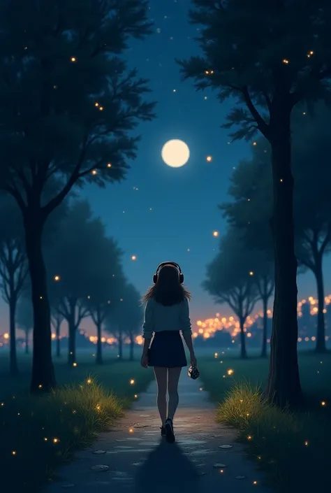  A young woman walks alone through a park at night ,  surrounded by the soft glow of the moon and the stars that illuminate the sky .  She wears headphones and seems lost in her own world ,  enjoying the music as she takes every step . Around you,  small c...