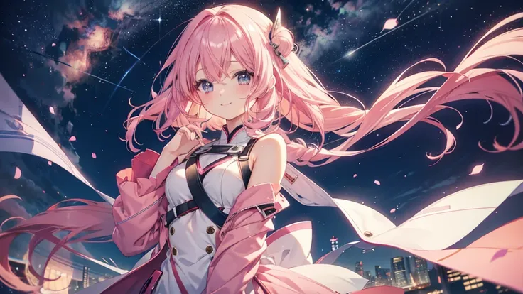  cute anime pink haired girl、 dynamic、solo,long hair,（Dreams exchanged under the stars ,The best smile ,Feminine Style)