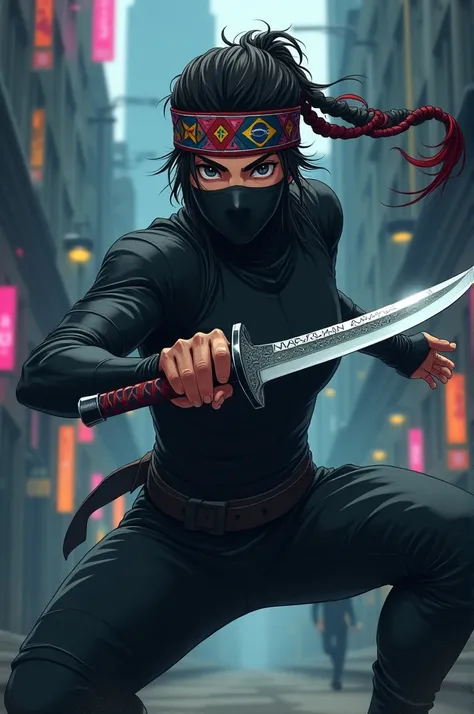  Create a Japanese anime-style ninja with a Brazilian headband, knife based on the anime Naruto 