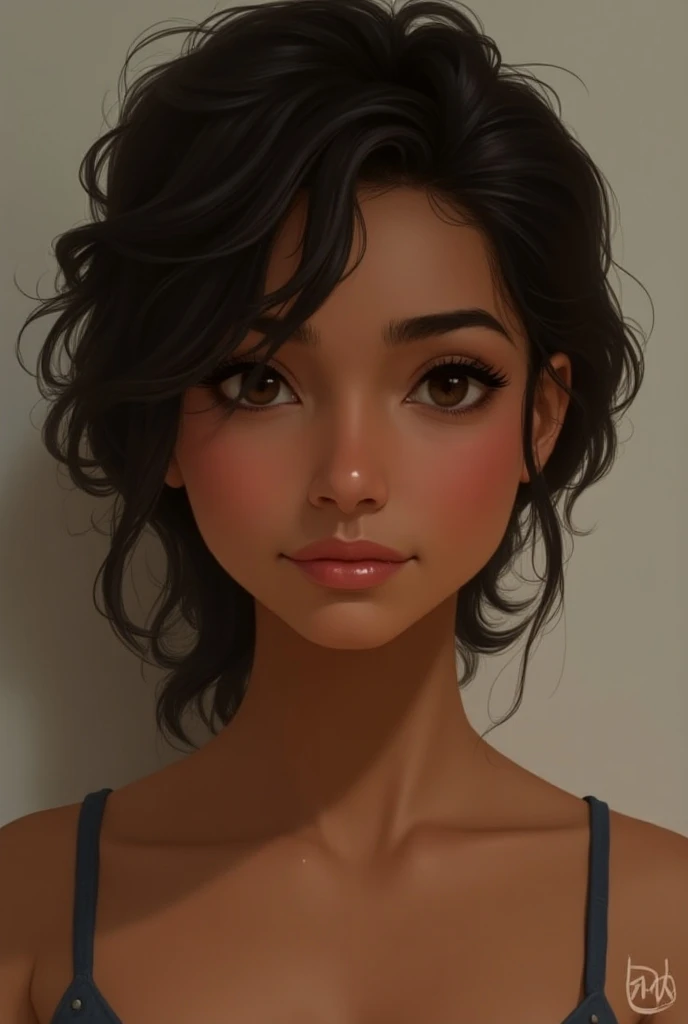    of  with medium brown skin ,  medium brown hair slightly curled,  small brown eyes, with a wider nose well marked , thin lips 