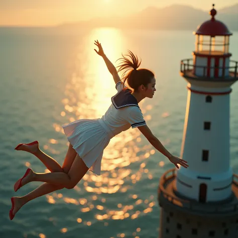 Haunting Live-Action, Extremely Detailed Pretty JK Dives from Lighthouse. Magic Hour Miracle, Sparkling, LifeLike Rendering, MotionBlur, (XLabs F.1 Realism LoRA V1), White Sailor Uniform with Thongs, Red Ribbon Ponytail hair fluttering in the wind, Profess...